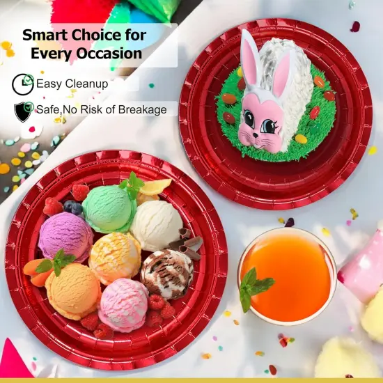 211pcs Shiny Red Plates and Napkins Party Supplies for 30 Guests - Shiny Red Party Plates, Cups, Cutleries, and Napkins Set with Tablecloth for Birthday, Anniversary, Holidays, and Valentines {3}