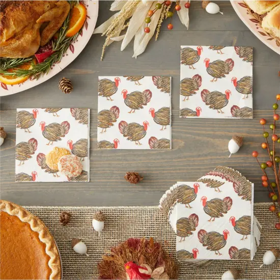 100 Pack Turkey Thanksgiving Cocktail Napkins for Party Supplies (5 x 5 In) White {3}