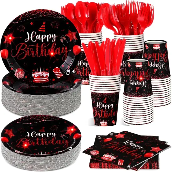 350 Pcs Happy Birthday Party Supplies Disposable Party Tableware Set Serves 50 Included Plates Napkins Cups Cutlery for Men Woman 50th 80th Birthday Party Decorations (Black Red) {1}