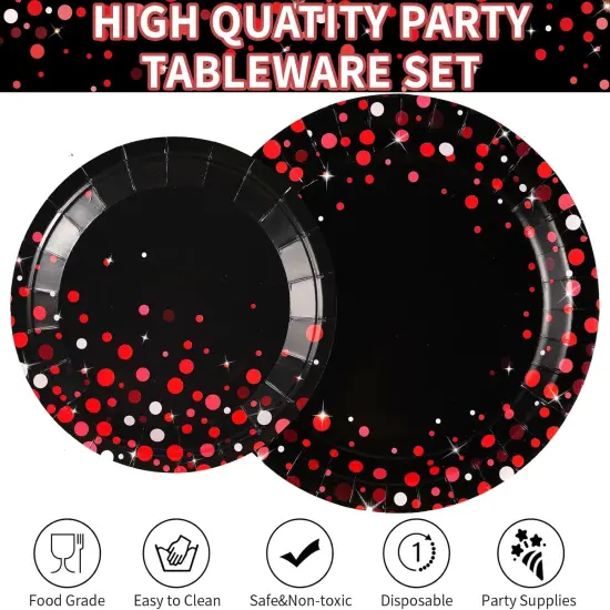 96Pcs Black and Red Party Supplies Red Dot on Black Party Plates and Napkins Disposable 350GSM Black and Red Birthday Tableware Set for Graduation Birthday Baby Shower Wedding Decorations, Serves 24 {3}