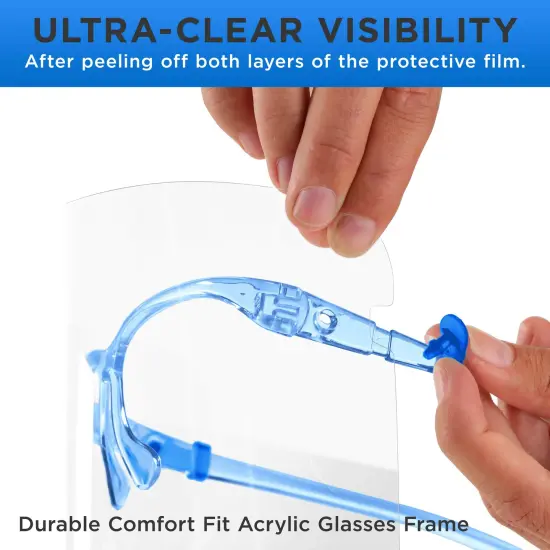 Face Shields with Blue Glasses Frames (20 Packs of 25) - Ultra Clear Protective Full Face Shields to Protect Eyes, Nose, Mouth - Anti-Fog PET Plastic {5}