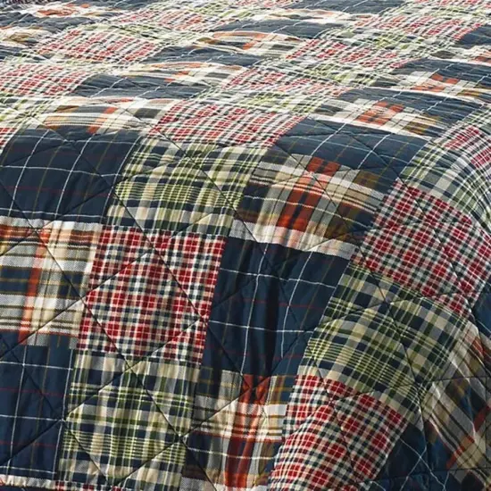Farmhouse Red Navy Plaid 100-Percent Cotton Reversible Quilt Set {2}