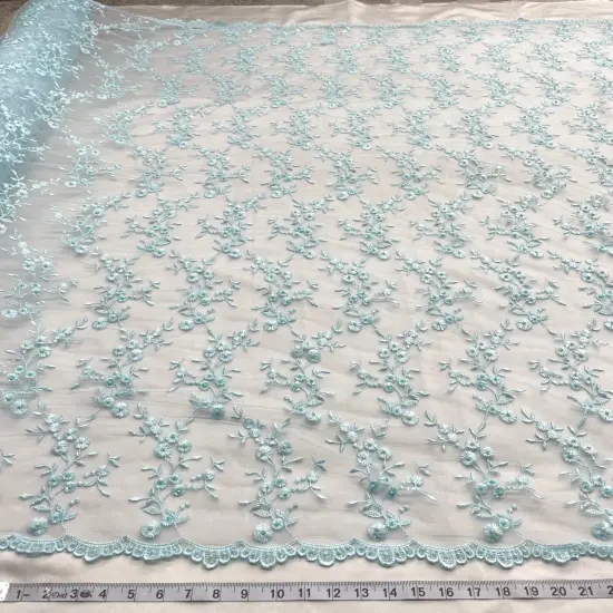 1 Yard Beaded Lace Fabric Embroidered Pearl Sequin Bridal Mesh Wedding Dress 54" Width Lt. Blue {1}