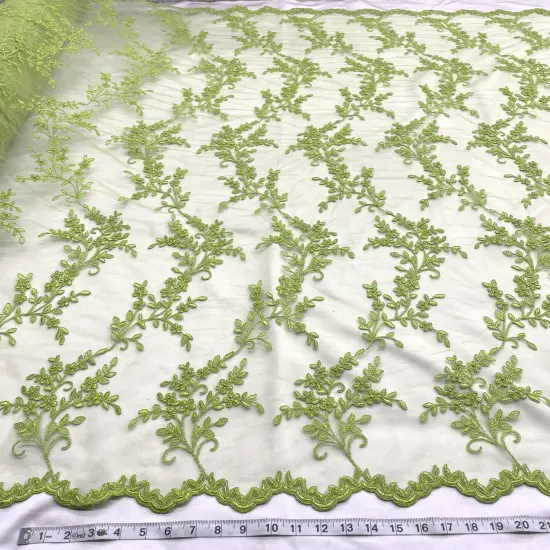 1 Yard Beaded Corded Bridal Lace Fabric Embroidered Mesh Peach 52" Width Lime Green {1}