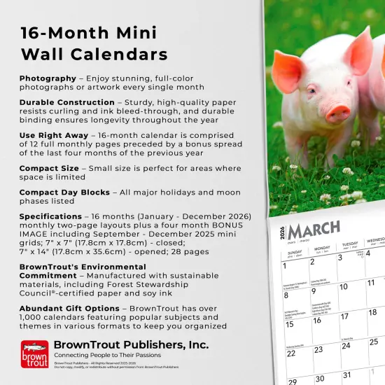 Piglets | 2026 7 x 14 Inch (Hanging) Monthly Mini Wall Calendar {6}
