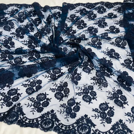 1 Yard Elegant Corded Lace Fabric Embroidered Bridal Mesh for Dresses 50" Width Navy {1}