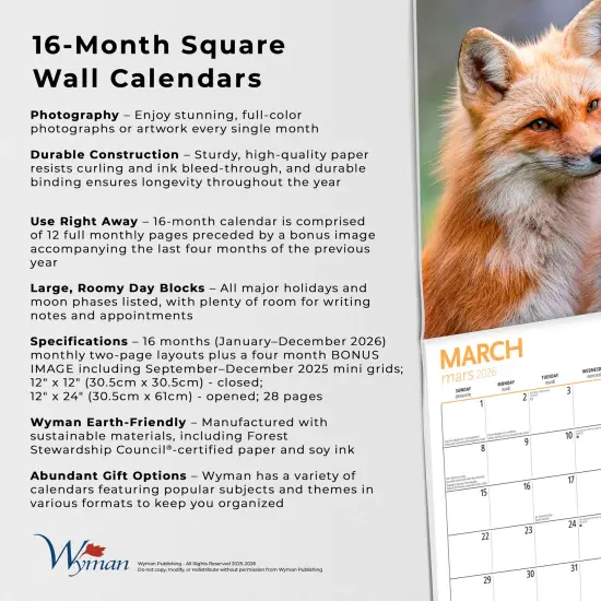 Canadian Geographic Foxes OFFICIAL | 2026 12 x 24 Inch (Hanging) Monthly Square Wall Calendar {6}