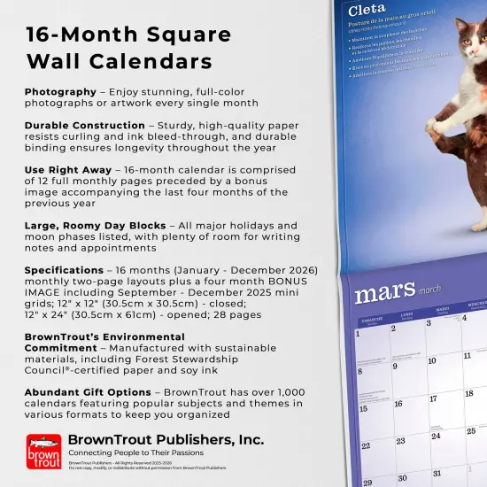 Chats de Yoga OFFICIEL | 2026 12 x 24 Inch (Hanging) Monthly Square Wall Calendar | French Language {6}