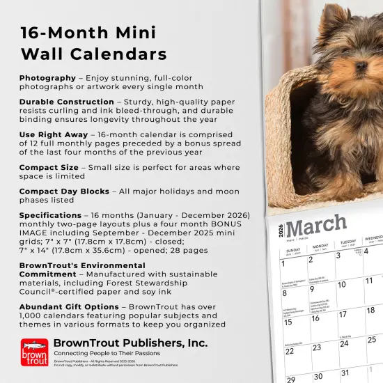 Yorkshire Terrier Puppies | 2026 7 x 14 Inch (Hanging) Monthly Mini Wall Calendar {6}