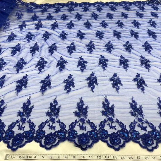 1 Yard Beaded Corded Lace Fabric Embroidered Elegant Mesh Bridal Gown 53" Width Royal Blue {1}