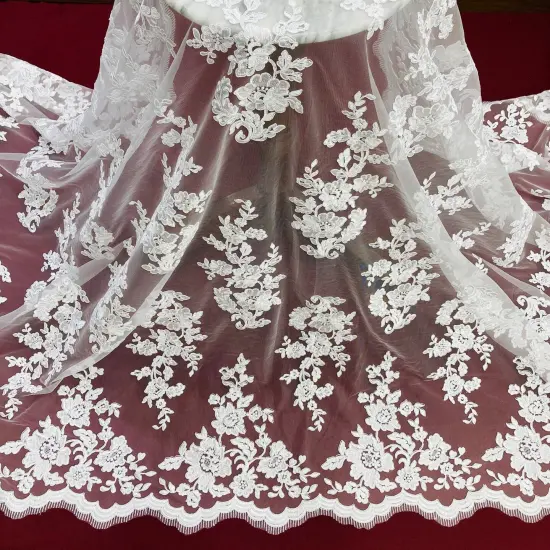 1 Yard Corded Bridal Lace Fabric Embroidered on 100% Polyester Net Mesh 54" Width White {1}