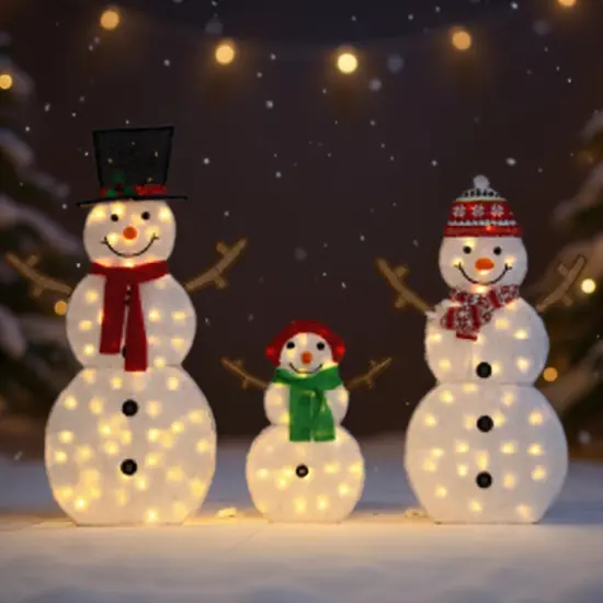Set of Three Lighted 2D Snowmen 48-Inch, 42-Inch & 24-Inch Christmas Decorations {3}