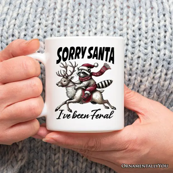 Funny Reindeer and Racoon Christmas Mug, Sorry Santa I've Been Feral Gift {1}