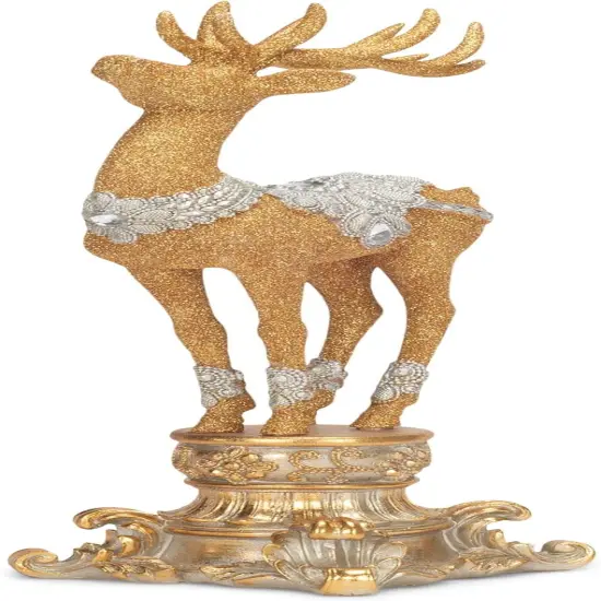 18" Resin Jeweled Old World Deer on Pedestal: Elegant Christmas Decoration with Vintage Charm {2}