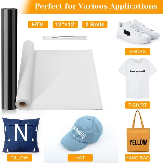 12" x 24ft Heat Transfer Vinyl Rolls,2 Rolls Black and White-(12 Inches by 12 Feet Per Roll) {2}