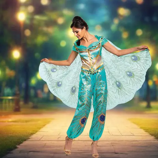 Deluxe Jasmine Teal Costume Jumpsuit with Cape for Regal Cosplay Look {1}
