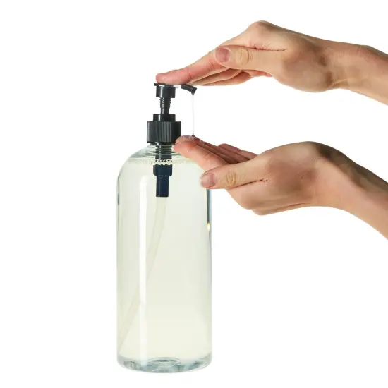 Okuna Outpost 34 oz Pump Bottles for Shampoo and Conditioner, 4 Pack Refillable Empty Shampoo Bottles, No-Spill, Clear Large Soap Dispenser with Black Pumps, Use for Hand Soap, Body Wash, Lotion {3}