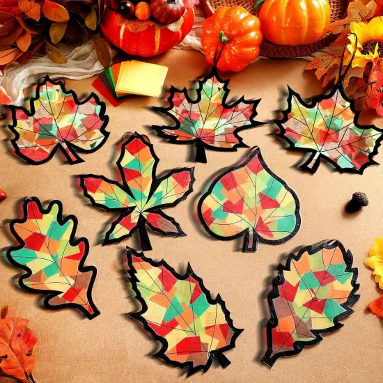32 Pcs Fall Suncatchers Paper Craft Set DIY Maple Leaf Shaped {5}