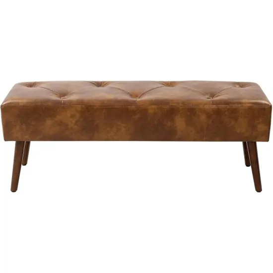 Leather Tufted Bed Bench with Metal Finish and Wood Legs Brown {5}