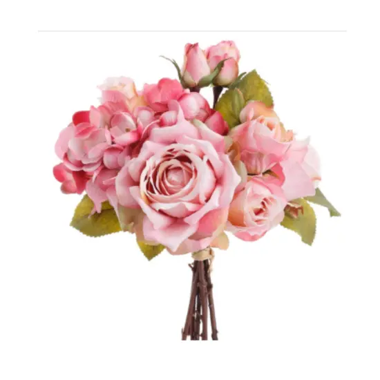 13.5" Pink Hydrangea Rose Bouquet &ndash; Artificial Wedding & Home Decor Flowers {1}