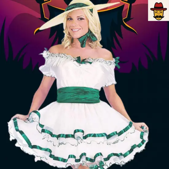 Womens Southern Belle Costume White Dress with Green Ribbon Trim Halloween Party {2}