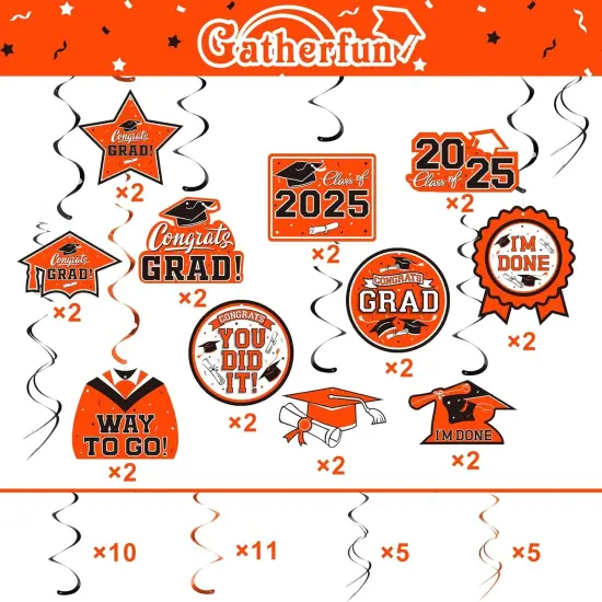 31 Pieces Graduation Decorations Class of 2025, Graduation Hanging Swirl Congrats Grad and Graduation Party Decorations(Orange, Black) {4}