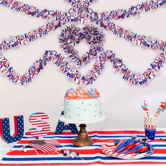 4 Strings Total 26.3 ft American Flag Tinsel Garlands - Each 6.6ft Red White Blue Fringe Garland with USA Flag Hanging Glitter Streamers for 4th of July, Independence Day, Patriotic Party Decorations {3}