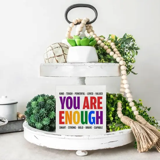 You Are Kind Tough Powerful Enough Wooden Box Sign Desk Decor LGBT Quotes Wood Block Plaque Box Signs Pride Box Sign for Home Shelf Table Decoration (5 X 5 Inch) {4}