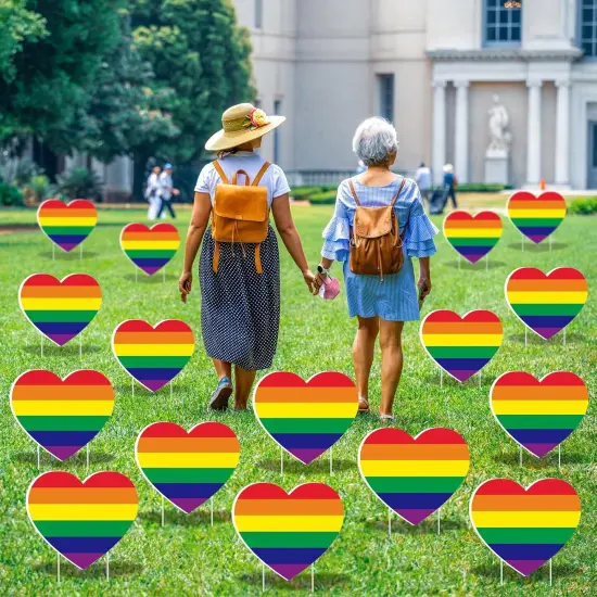 16 Pieces Gay Pride Yard Signs Rainbow Gay Heart Lawn Signs with 32 Pieces Stakes Plastic Waterproof Outdoor Gay Yard Signs for LGBTQ Rainbow Party Yard Decorations {5}