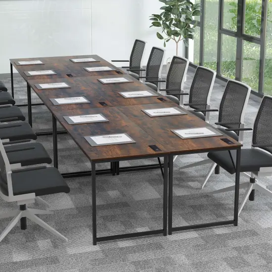 Costway Set of 2/4/6 Meeting Room Desk with Charging Station & Headphone Hook Metal Frame Brown {2}