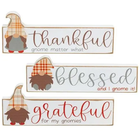 Set of 3 Fall Gnome Wooden Blocks &ndash; &lsquo;Thankful, Grateful, Blessed&rsquo; Autumn Decor with Plaid Hats {1}