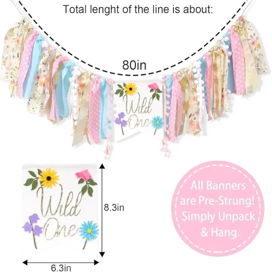 Wild flower High Chair Banner - Girls Wild One 1st Birthday Decoration, Floral Theme Highchair Banner, Our Little Wild flower Is Turning One Birthday Decor, Spring Girls First Birthday Banner {2}