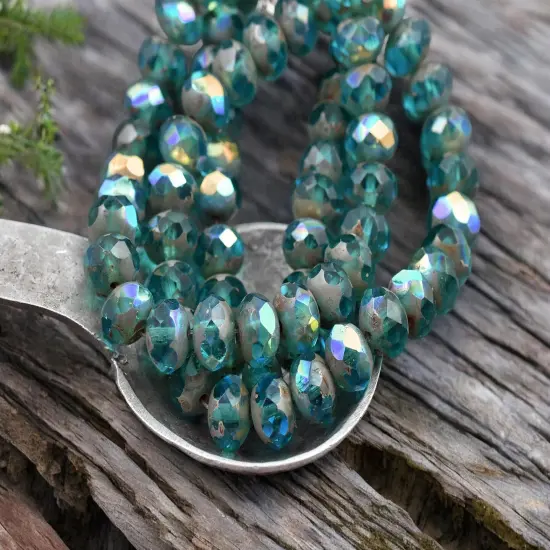 *25* 6x8mm Pacific Blue AB Picasso Fire Polished Rondelle Beads {3}