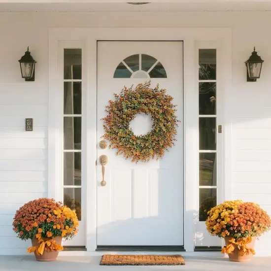 26" Fall Wreath for Front Door, Porch, Window - Large Artificial Boxwood Leaves {2}