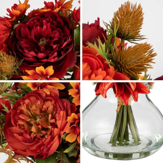 Fake Peony Flowers in Vase Fall Table Centerpiece - Orange Round Glass {4}