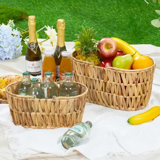 Picnic Basket for 2 Pack, Natural Nesting Wicker Picnic Basket with Handle, Hand-Woven Water Hyacinth Storage Basket for Camping & Outdoor Use {5}