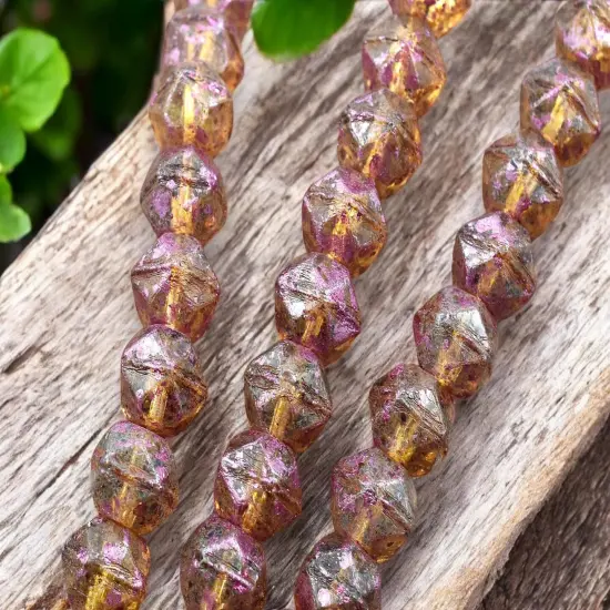 *10* 10mm Pink Washed Crystal Topaz Picasso Antique Cut Round Beads {2}