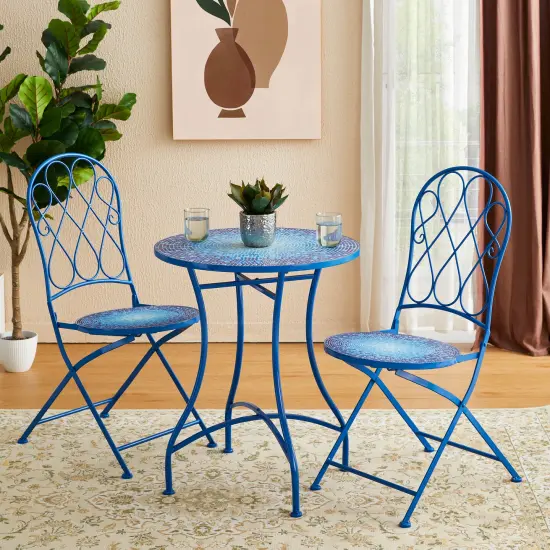 Set of 3 Outdoor Metal and Ceramic Tile Blue Folding Bistro Set {1}