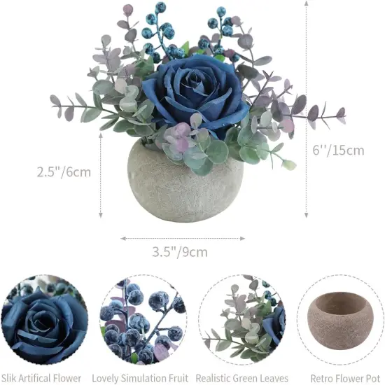 Artificial Flowers Kit with Pot, Combination of Fake Silk Blue Roses and Greenery,Small Plant Potted Decor for Offices,Bookshelf,Bedroom, Living Room,Party,Wedding Decorations&hellip; {3}