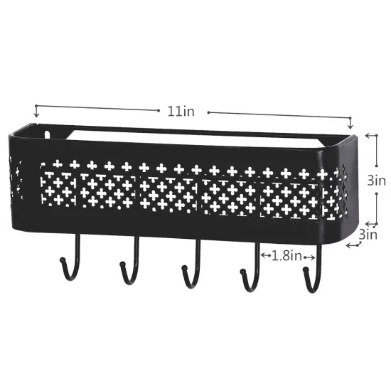 Set of 2 Wall-Mounted Entryway Organizers – Rust-Resistant Steel Key Hooks & Storage Shelf with 5 Hooks, Compact 11"x3"x3" Design for Mail, Keys, Essentials {2}