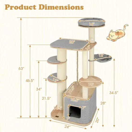 63 Inch Tall Wooden Cat Tree Tower with Soft Padded Cushion Platforms and Full-Wrapped Scratching Posts {5}