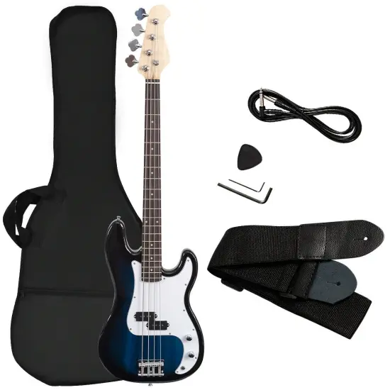 Full Size 4 String Strap Electric Guitar with Wooden Body and Bass Travel Bag for Convenient Carry Blue {1}