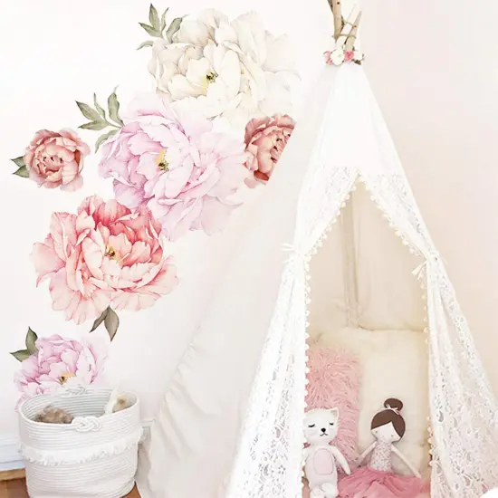 Watercolor Peony Flowers Wall Decals Floral Wall Stickers for Living Room, Delicate White & Pink Flowers Wall Posters Vinyl Blossom Art Applique for Bedroom Girls Room {2}