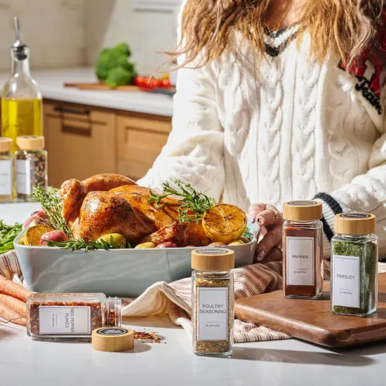 Glass Spice Jars with Label Set, Bamboo Lids & Funnel - Kitchen Airtight Storage Jars with Lids - Spices and Seasonings Sets Organizer, Spice Glass Jar with Lid Food Canister Bottle Sugar Shaker {3}