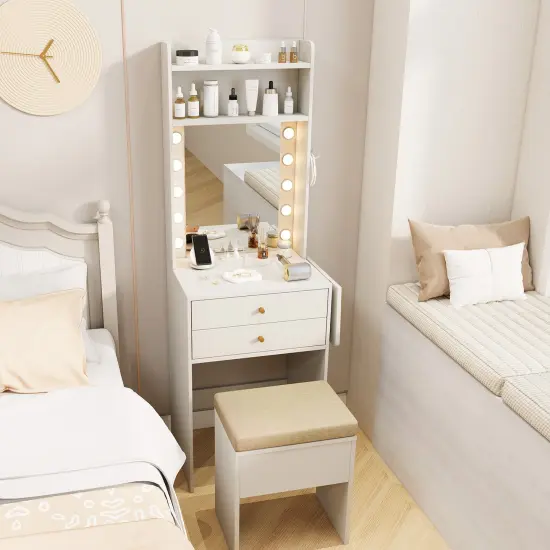 White Vanity Set with LED Mirror, Charging Station & Storage {4}