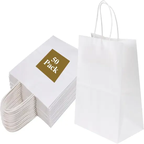 50 Pack 8x4.75x10 Inch Medium White Kraft Paper Bags with Handles Bulk (50pcs) {1}