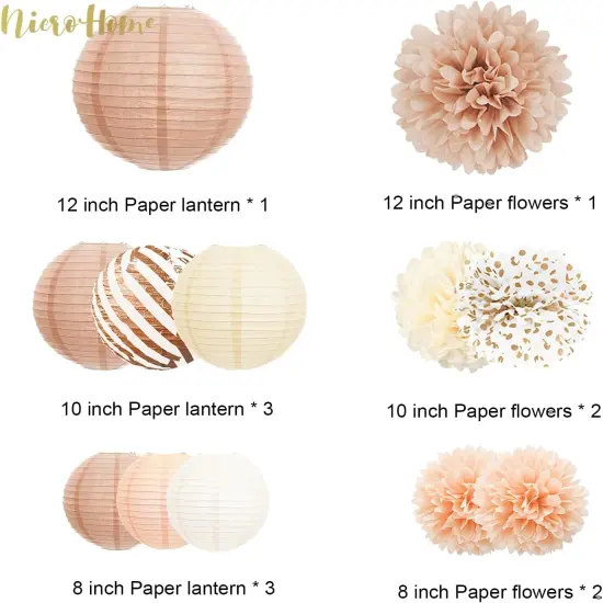 Wedding Party Decorations, 12 PCS Creamy White Tissue Paper Pom Poms and Lanterns Set, Champagne Paper Flowers for Engagement Receptions, Boho Bridal Showers Party Supplies {2}