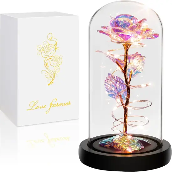 Birthday Gifts for Women,Mothers Day Flowers Gifts for Mom from Daughter Son,Valentines Gifts for Her,Colorful Rainbow Light Up Rose in A Glass Dome Mom Presents for Her Wife Grandma {1}