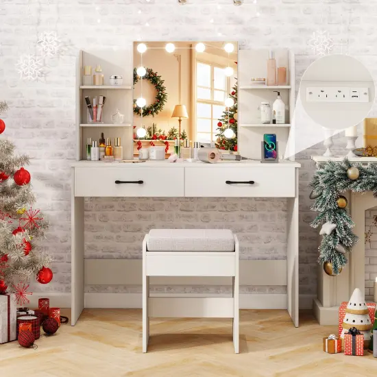 Vanity Set with Lighted Mirror and Stool for Easy Storage and Charging White {6}