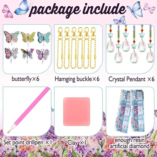 6 Pcs Spring Butterfly Diamond Painting Wind Chimes Diamond Painting Suncatcher Art Kit Double Sided Butterfly Ornaments 5d Rhinestone for Spring Home Garden {3}
